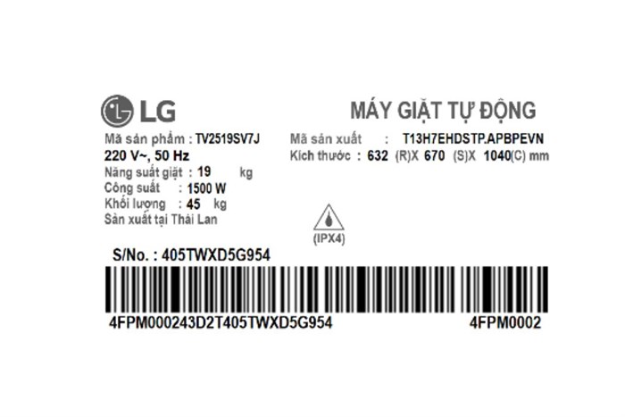 Máy giặt LG AI DD Inverter 19 kg TV2519SV7J